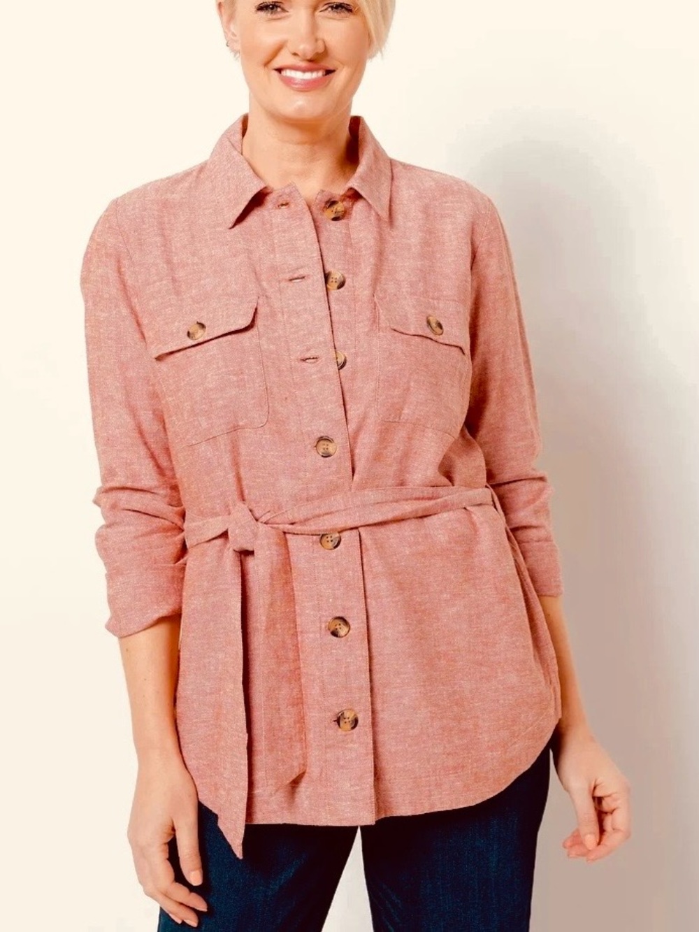 Centigrade button-front linen shacket tied waist rustic copper color Size XL